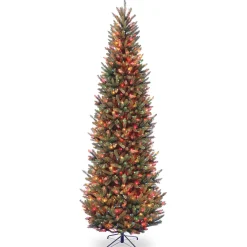 Store National Tree Company Pre-Lit Artificial Slim Christmas Tree, Green, Natural Fraser Fir, Multicolor Lights, Includes Stand, 9 Feet