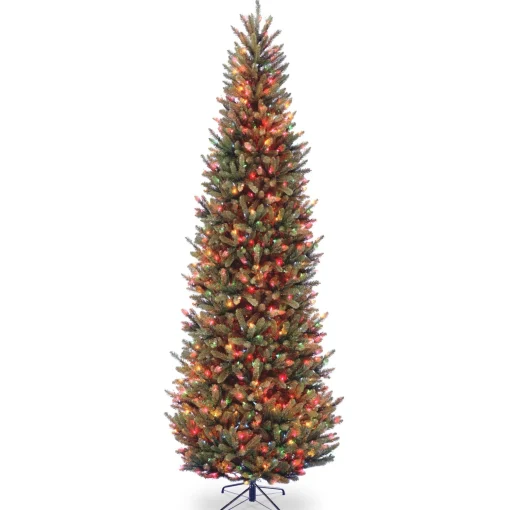 Store National Tree Company Pre-Lit Artificial Slim Christmas Tree, Green, Natural Fraser Fir, Multicolor Lights, Includes Stand, 9 Feet