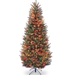 Clearance National Tree Company Pre-Lit Artificial Slim Christmas Tree, Green, Natural Fraser Fir, Multicolor Lights, Includes Stand, 6.5 Feet