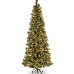 Best Sale National Tree Company Pre-Lit Artificial Slim Christmas Tree, Green, Glittery Bristle Pine, White Lights, Includes Stand, 6.5 Feet