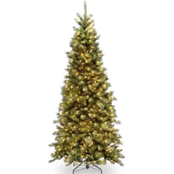 Best National Tree Company Pre-Lit Artificial Slim Christmas Tree, Green, Tiffany Fir, White Lights, Includes Stand, 6.5 Feet
