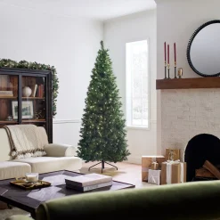 Hot National Tree Company Pre-Lit Artificial Slim Christmas Tree, Lehigh Valley Pine, Green, White Lights, Includes Stand, 7.5 Feet