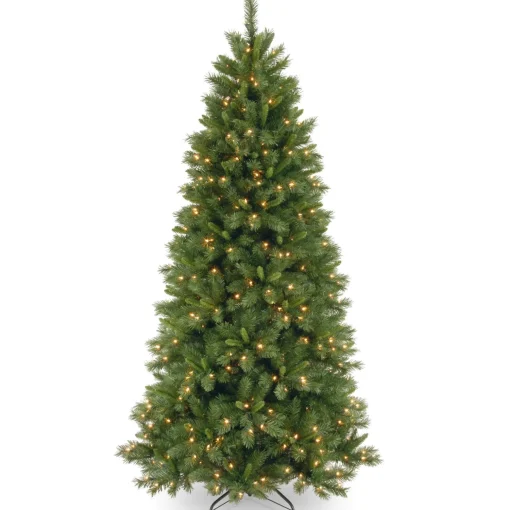 Hot National Tree Company Pre-Lit Artificial Slim Christmas Tree, Lehigh Valley Pine, Green, White Lights, Includes Stand, 7.5 Feet