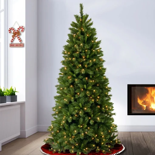 Hot National Tree Company Pre-Lit Artificial Slim Christmas Tree, Lehigh Valley Pine, Green, White Lights, Includes Stand, 7.5 Feet