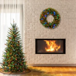 Pre-Lit Artificial Slim Christmas Tree, Green, Dunhill Fir, Multicolor Lights, Includes Stand, 4.5 Feet^National Tree Company Cheap