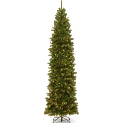 Best Sale National Tree Company Pre-Lit Artificial Slim Christmas Tree, Green, North Valley Spruce, White Lights, Includes Stand, 9 Feet