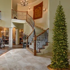Best Sale National Tree Company Pre-Lit Artificial Slim Christmas Tree, Green, North Valley Spruce, White Lights, Includes Stand, 9 Feet
