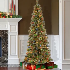 Pre-Lit Artificial Slim Christmas Tree, Glittering Pine, Green, Multicolor Lights, Decorated With Pine Cones, Ball Ornaments, Includes Stand, 9 Feet^National Tree Company Cheap