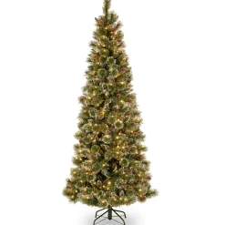 Pre-Lit Artificial Slim Christmas Tree, Green, Glittery Bristle Pine, White Lights, Includes Stand, 7.5 Feet^National Tree Company Best