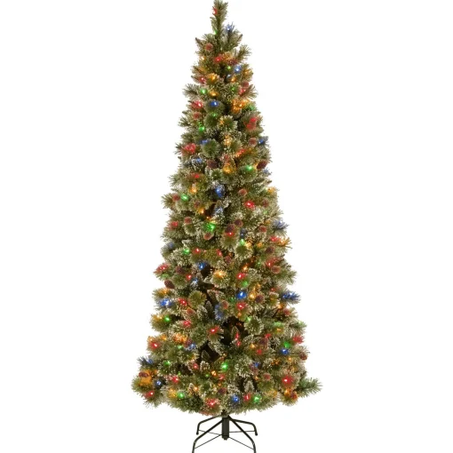 Sale National Tree Company Pre-Lit Artificial Slim Christmas Tree, Glittering Pine, Green, Multicolor Lights, Decorated With Pine Cones, Ball Ornaments, Includes Stand, 7 Feet