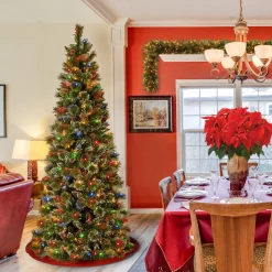 Sale National Tree Company Pre-Lit Artificial Slim Christmas Tree, Glittering Pine, Green, Multicolor Lights, Decorated With Pine Cones, Ball Ornaments, Includes Stand, 7 Feet