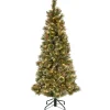 Store National Tree Company Pre-Lit Artificial Slim Christmas Tree, Glittering Pine, Green, White Lights, Decorated With Pine Cones, Includes Stand, 5 Feet