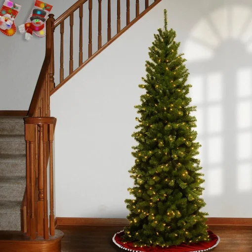 Cheap National Tree Company Pre-Lit Artificial Slim Christmas Tree, Green, North Valley Spruce, White Lights, Includes Stand, 7.5 Feet