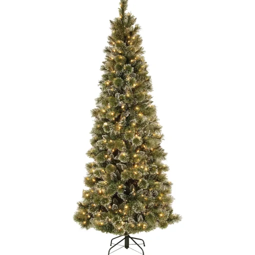 Sale National Tree Company Pre-Lit Artificial Slim Christmas Tree, Green, Glittery Bristle Pine, White Lights, Includes Stand, 7.5 Feet