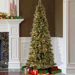 Sale National Tree Company Pre-Lit Artificial Slim Christmas Tree, Green, Glittery Bristle Pine, White Lights, Includes Stand, 7.5 Feet