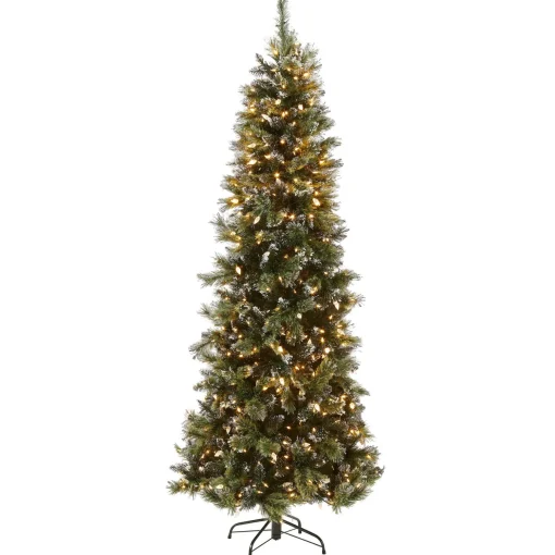 Sale National Tree Company Pre-Lit Artificial Slim Christmas Tree, Green, Glittery Bristle Pine, White Lights, Includes Stand, 7.5 Feet