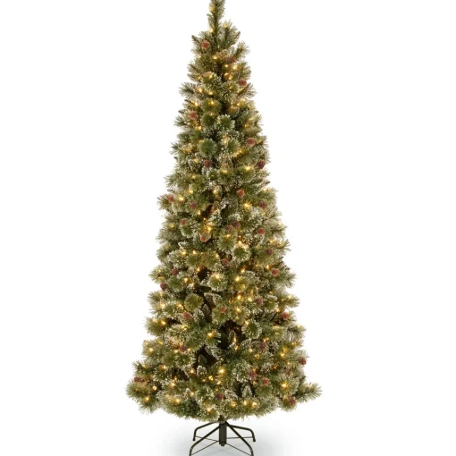 Cheap National Tree Company Pre-Lit Artificial Slim Christmas Tree, Green, Glittery Bristle Pine, White Lights, Includes Stand, 7.5 Feet