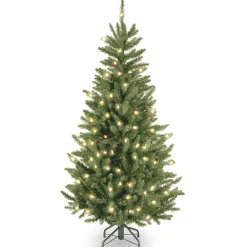 Pre-Lit Artificial Slim Christmas Tree, Green, Natural Fraser Fir, White Lights, Includes Stand, 4.5 Feet^National Tree Company Clearance