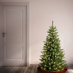 Pre-Lit Artificial Slim Christmas Tree, Green, Natural Fraser Fir, White Lights, Includes Stand, 4.5 Feet^National Tree Company Clearance
