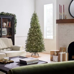 Sale National Tree Company Pre-Lit Artificial Slim Christmas Tree, Green, White Lights, Includes Stand, 6.5 Feet