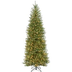 Store National Tree Company Pre-Lit Artificial Slim Christmas Tree, Green, Dunhill Fir, White Lights, Includes Stand, 10 Feet