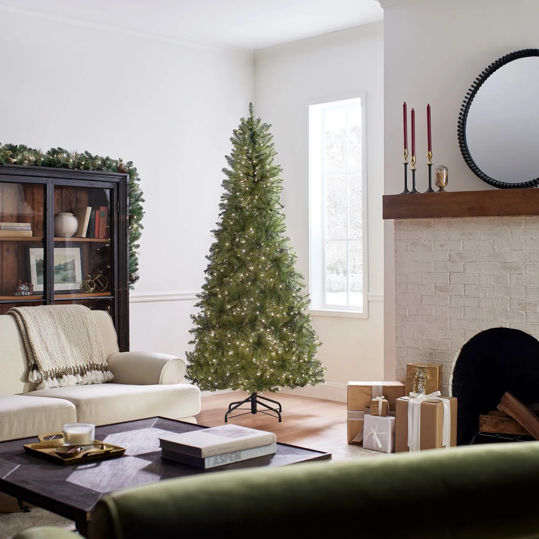 Sale National Tree Company Pre-Lit Artificial Slim Christmas Tree, Green, Dunhill Fir, White Lights, Includes Stand, 7.5 Feet