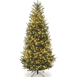 Pre-Lit Artificial Slim Christmas Tree, Green, Natural Fraser Fir, White Lights, Includes Stand, 7 Feet^National Tree Company Discount
