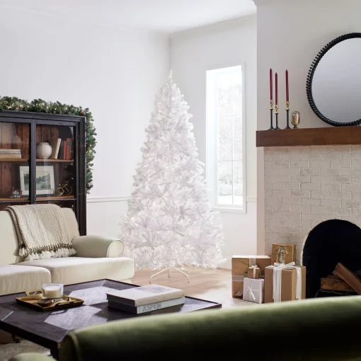 Clearance National Tree Company Pre-Lit Artificial Slim Christmas Tree, White, North Valley Spruce, White Lights, Includes Stand, 7.5 Feet