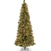 Pre-Lit Artificial Slim Christmas Tree, Glittering Pine, Green, White Lights, Decorated With Pine Cones, Includes Stand, 7 Feet^National Tree Company New