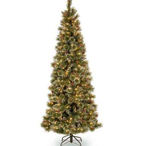 Pre-Lit Artificial Slim Christmas Tree, Glittering Pine, Green, White Lights, Decorated With Pine Cones, Includes Stand, 7 Feet^National Tree Company New