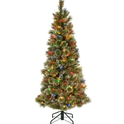 Sale National Tree Company Pre-Lit Artificial Slim Christmas Tree, Glittering Pine, Green, Multicolor Lights, Decorated With Pine Cones, Ball Ornaments, Includes Stand, 5 Feet