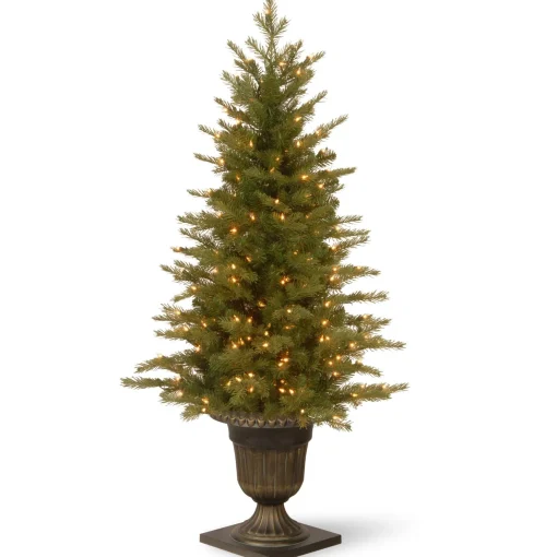 Hot National Tree Company Pre-Lit 'Feel Real' Artificial Mini Entrance Christmas Tree, Green, Nordic Spruce, White Lights, Includes Decorative Urn Base, 4 Feet