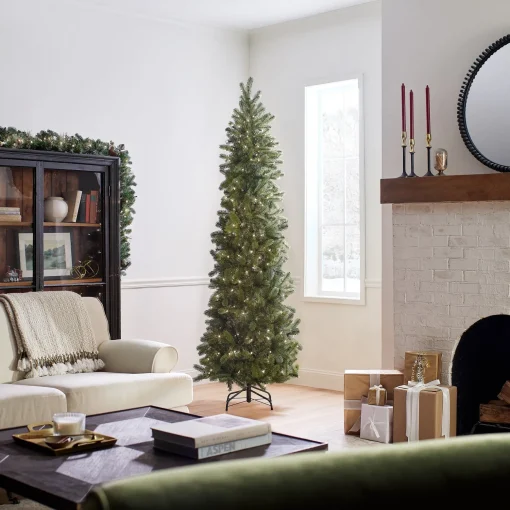 Cheap National Tree Company Pre-Lit 'Feel Real' Artificial Slim Downswept Christmas Tree, Green, Douglas Fir, White Lights, Includes Stand, 7.5 Feet