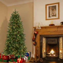 Flash Sale National Tree Company Pre-Lit 'Feel Real' Artificial Slim Downswept Christmas Tree, Green, Douglas Fir, White Lights, Includes Stand, 6.5 Feet
