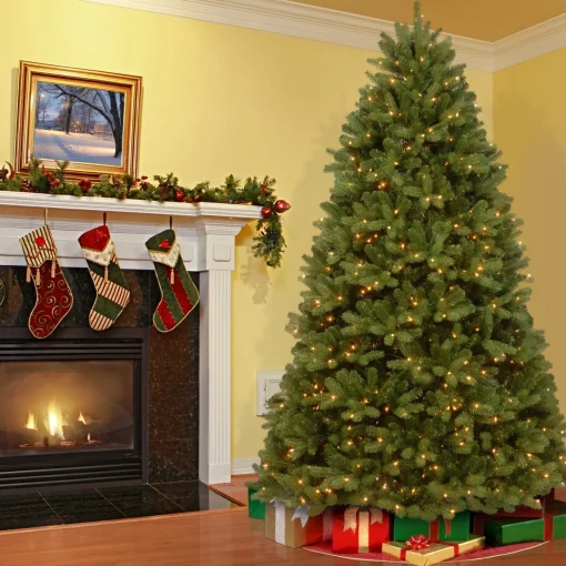 Store National Tree Company Pre-Lit 'Feel Real' Artificial Christmas Tree, Newberry Spruce, Green, Dual Color Led Lights, Includes Stand, 6.5 Feet
