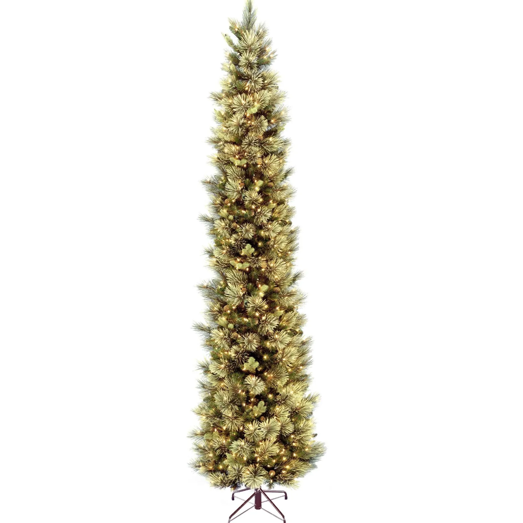 Fashion National Tree Company Pre-Lit 'Feel Real' Artificial Giant Christmas Tree, Green, Carolina Pine, White Lights, Flocked With Pine Cones, Includes Stand, 10 Feet