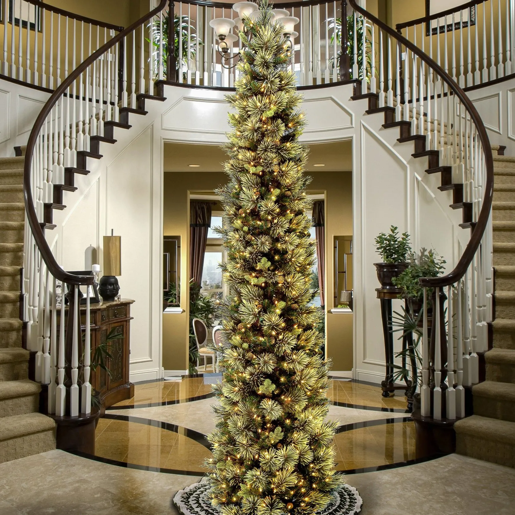 Fashion National Tree Company Pre-Lit 'Feel Real' Artificial Giant Christmas Tree, Green, Carolina Pine, White Lights, Flocked With Pine Cones, Includes Stand, 10 Feet