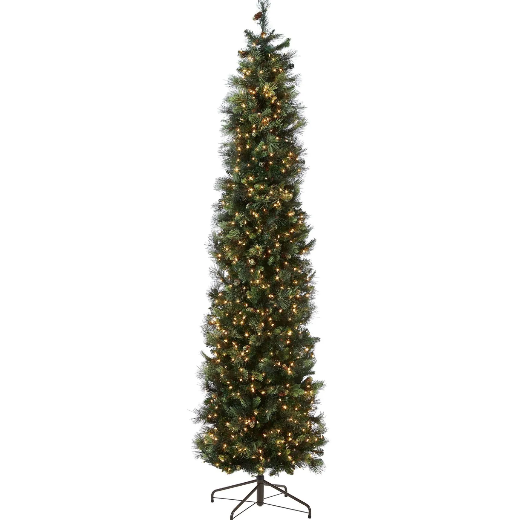 Fashion National Tree Company Pre-Lit 'Feel Real' Artificial Giant Christmas Tree, Green, Carolina Pine, White Lights, Flocked With Pine Cones, Includes Stand, 10 Feet