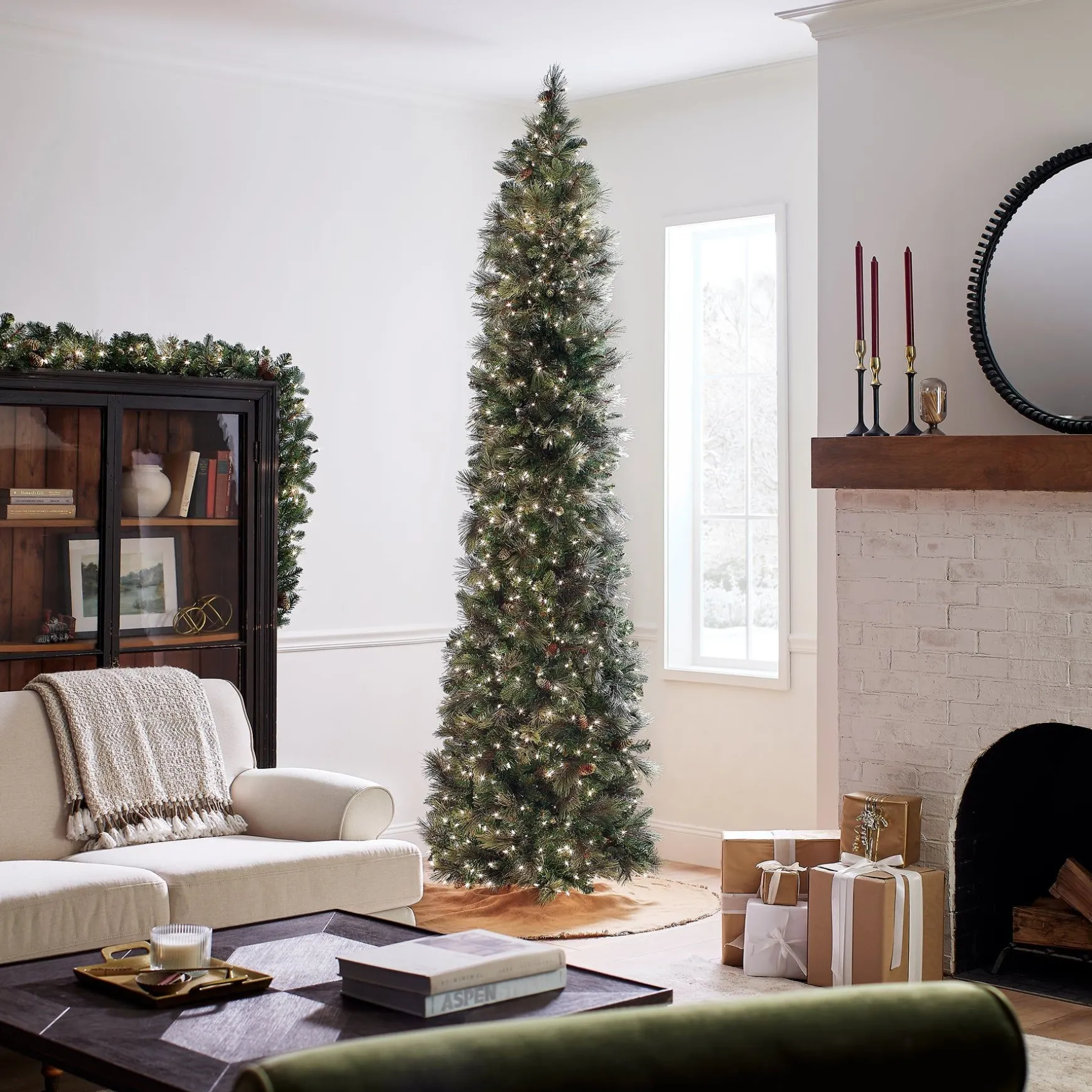 Fashion National Tree Company Pre-Lit 'Feel Real' Artificial Giant Christmas Tree, Green, Carolina Pine, White Lights, Flocked With Pine Cones, Includes Stand, 10 Feet