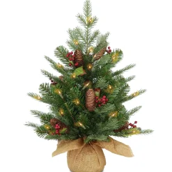 Online National Tree Company Pre-Lit 'Feel Real' Artificial Mini Christmas Tree, Green, Nordic Spruce, White Lights, Flocked With Pine Cones, Red Berries, Includes Burlap Bag Base, 3 Feet
