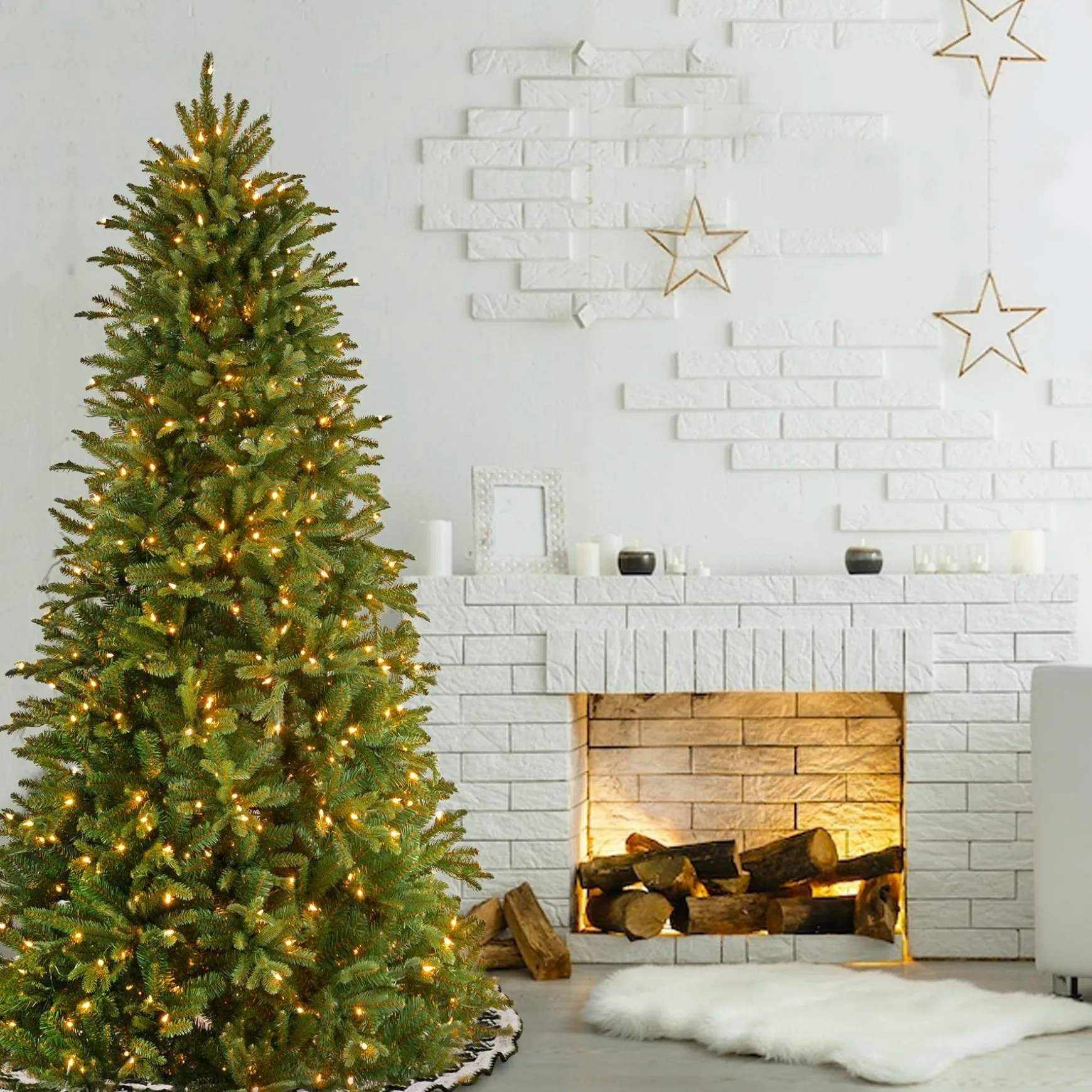 Online National Tree Company Pre-Lit 'Feel Real' Artificial Slim Christmas Tree, Green, Tiffany Fir, White Lights, Includes Stand, 6.5 Feet