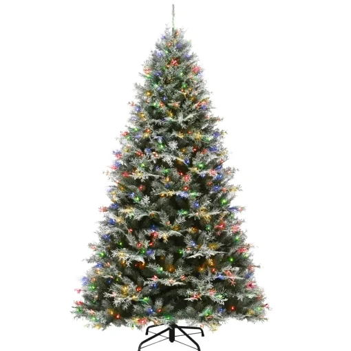 Store National Tree Company Pre-Lit 'Feel Real' Artificial Christmas Tree, Snowy Stonington Fir, Green, Dual Color Led Lights, Includes Stand, 7.5 Feet
