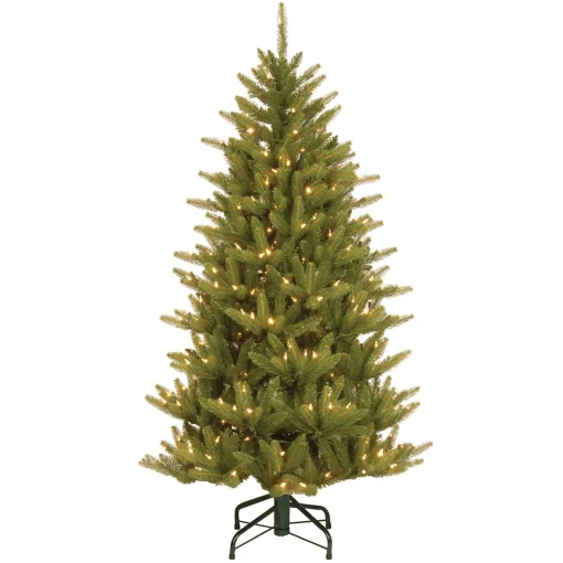 Clearance National Tree Company Pre-Lit 'Feel Real' Artificial Slim Christmas Tree, Green, Natural Fraser Fir, White Lights, Includes Stand, 4.5 Feet