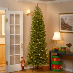 Outlet National Tree Company Pre-Lit 'Feel Real' Artificial Slim Downswept Christmas Tree, Green, Douglas Fir, White Lights, Includes Stand, 7.5 Feet