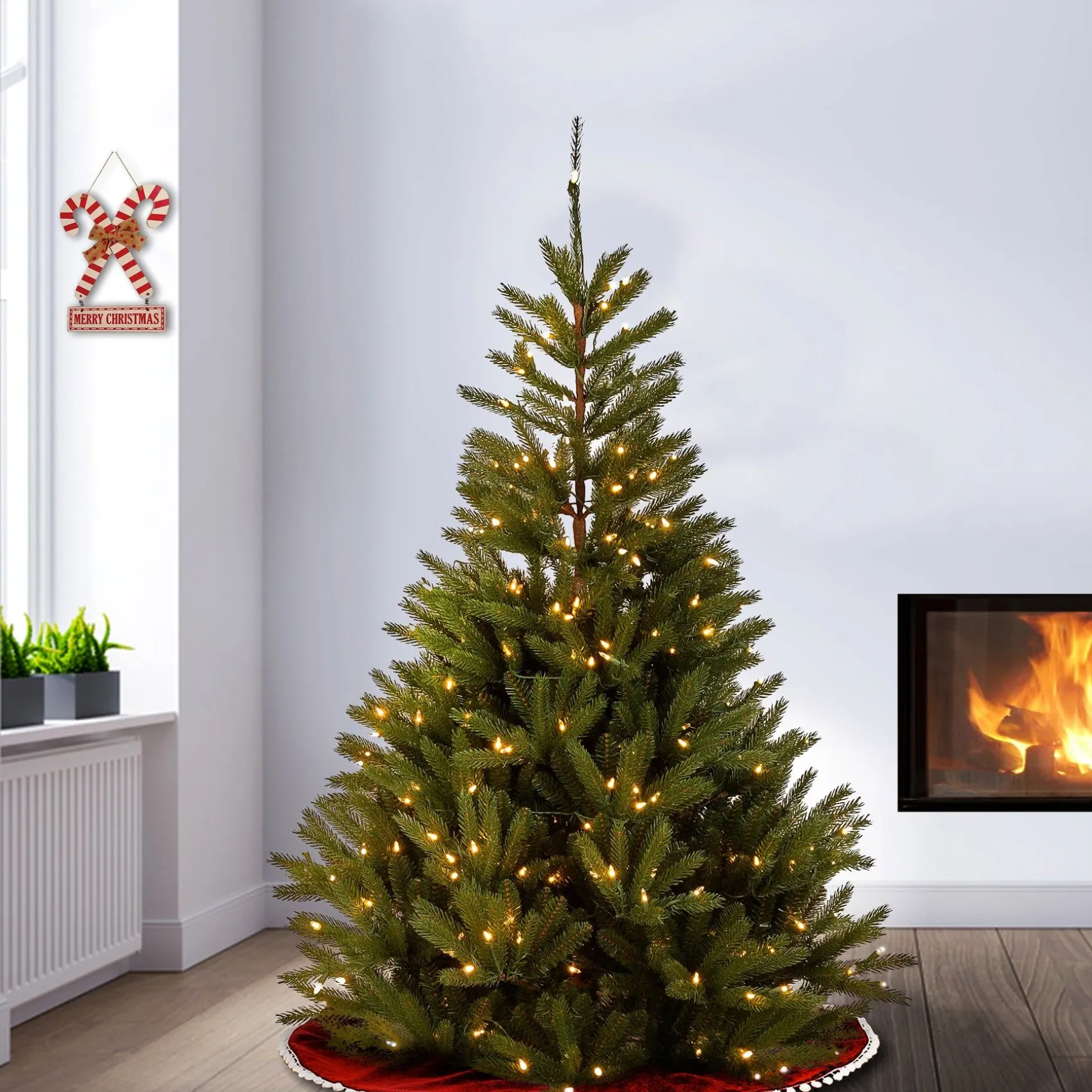 Store National Tree Company Pre-Lit 'Feel Real' Artificial Christmas Tree, Topeka Spruce, Green, White Lights, Includes Stand, 7.5 Feet