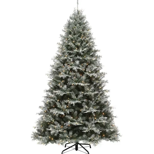Discount National Tree Company Pre-Lit 'Feel Real' Artificial Christmas Tree, Snowy Stonington Fir, Green, Dual Color Led Lights, Includes Stand, 7.5 Feet