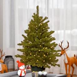 Best Sale National Tree Company Pre-Lit 'Feel Real' Artificial Christmas Tree, Hampton Spruce, Green, White Lights, Includes Pot Base, 3 Feet