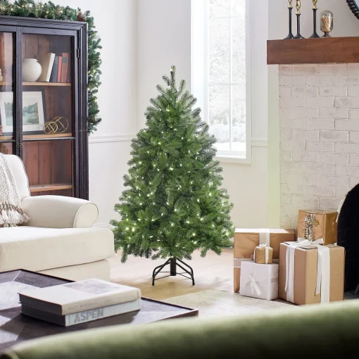 Best National Tree Company Pre-Lit 'Feel Real' Artificial Full Downswept Christmas Tree, Green, Douglas Fir, Dual Color Led Lights, Includes Stand, 4.5 Feet