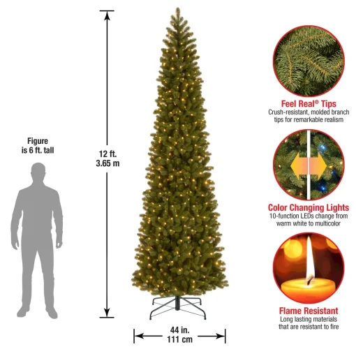 New National Tree Company Pre-Lit 'Feel Real' Artificial Giant Slim Downswept Christmas Tree, Green, Douglas Fir, Dual Color Led Lights, Includes Stand, 12 Feet