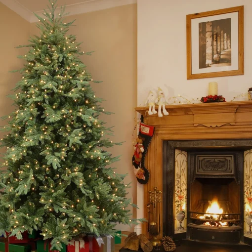 Sale National Tree Company Pre-Lit 'Feel Real' Artificial Medium Christmas Tree, Green, Nordic Spruce, White Lights, Includes Stand, 7.5 Feet